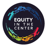 Black logo with Equity in the Center in the middle with color swirls around