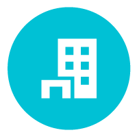 teal circle icon with city buildings inside