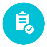teal circle icon with a clipboard and checkmark inside