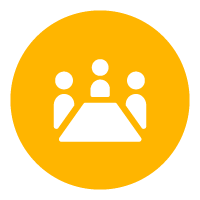 Yellow circle icon that looks like three people around a table
