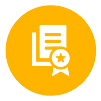 yellow circle icon with two pages and a ribbon