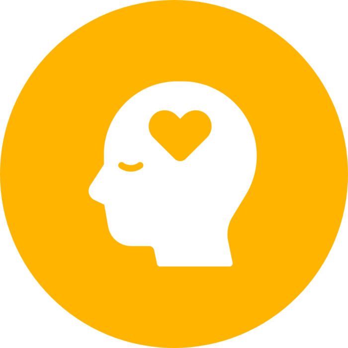 yellow icon circle with head inside and a heart where brain is