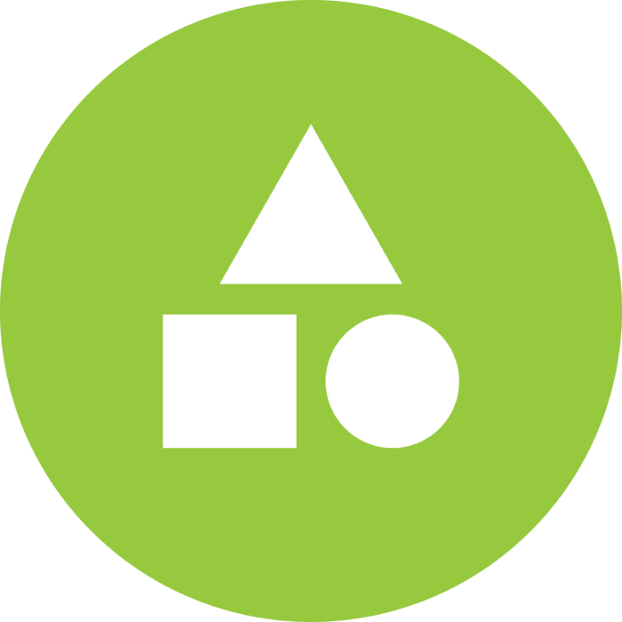green circle icon with white triangle, white square and white circle inside