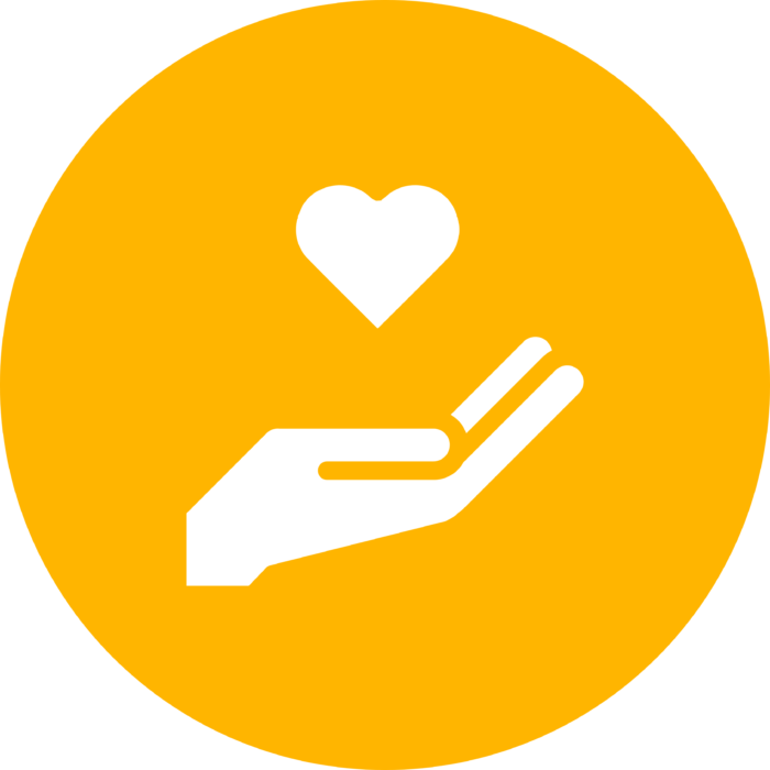 yellow circle icon with an outstretched hand with a heart above it