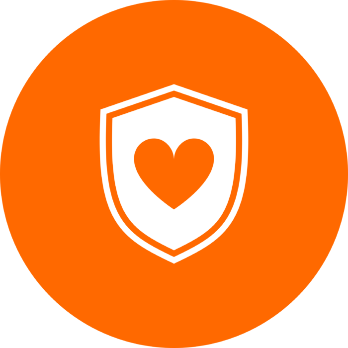 orange circle icon with a white shield with an orange heart on it