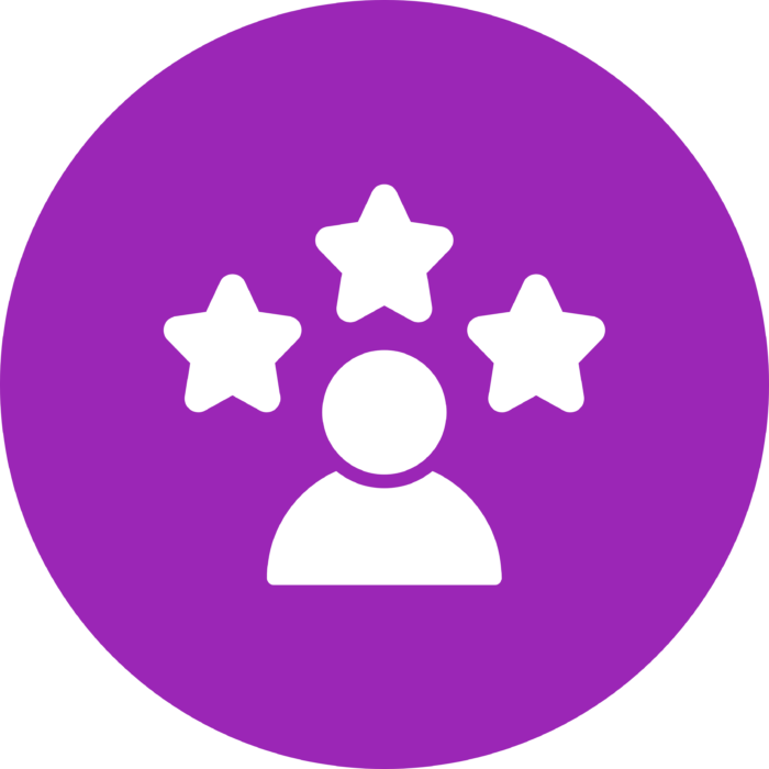 purple circle icon with a person with three starts surrounding their head