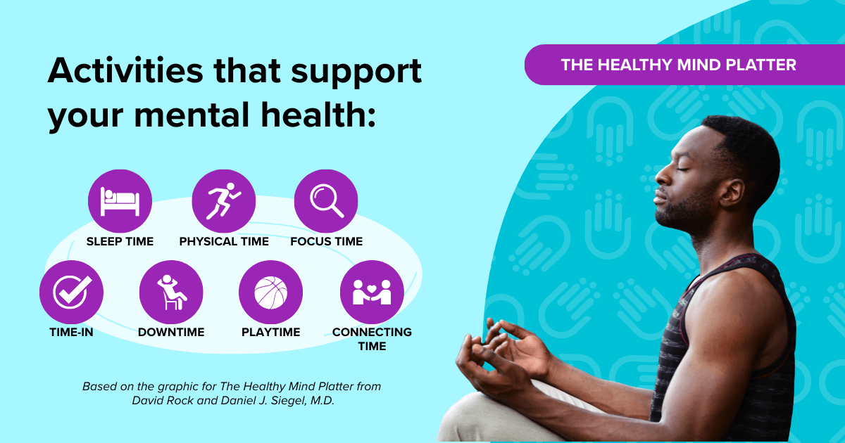 A man meditating with suggestions for activities that support mental health